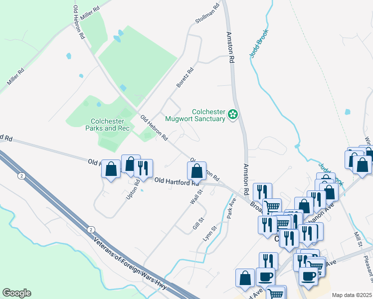 map of restaurants, bars, coffee shops, grocery stores, and more near 128 Old Hebron Road in Colchester
