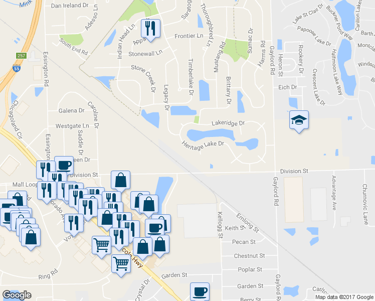 map of restaurants, bars, coffee shops, grocery stores, and more near 2620 Heritage Lake Drive in Lockport
