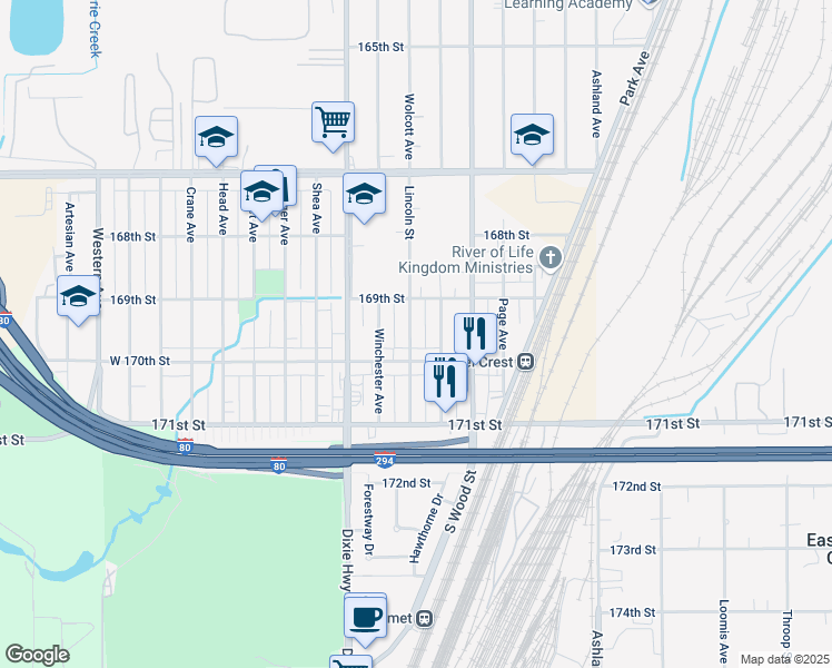map of restaurants, bars, coffee shops, grocery stores, and more near 16955 Lincoln Street in Hazel Crest