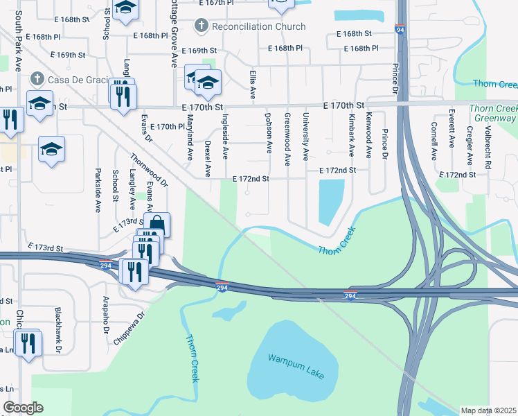 map of restaurants, bars, coffee shops, grocery stores, and more near 1010 East 173rd Street in South Holland