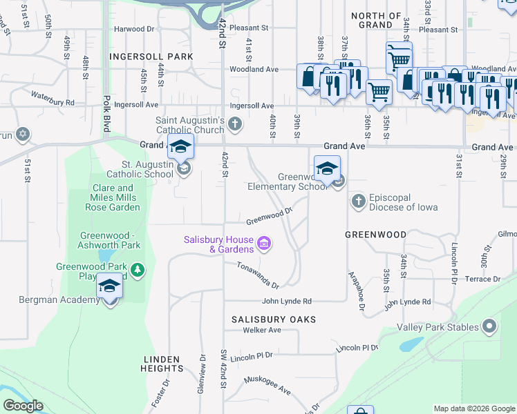 map of restaurants, bars, coffee shops, grocery stores, and more near 4137 Greenwood Drive in Des Moines