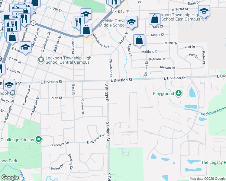map of restaurants, bars, coffee shops, grocery stores, and more near 227 Madison Street in Lockport