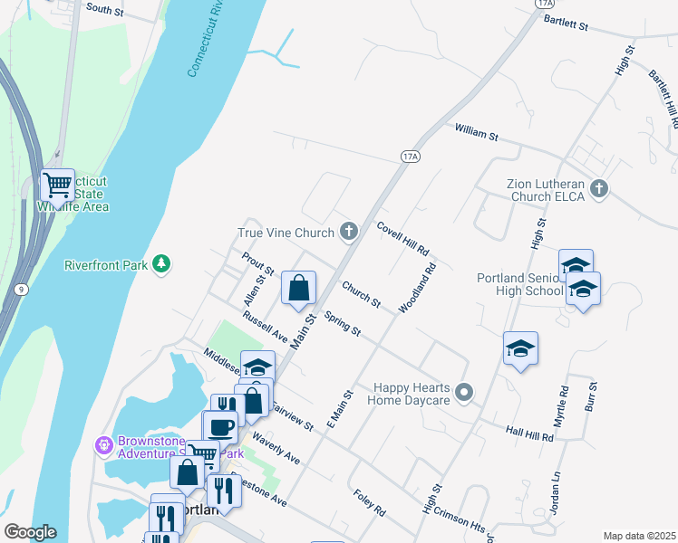 map of restaurants, bars, coffee shops, grocery stores, and more near Main Street in Middletown