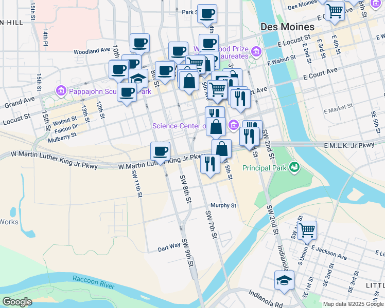 map of restaurants, bars, coffee shops, grocery stores, and more near in Des Moines