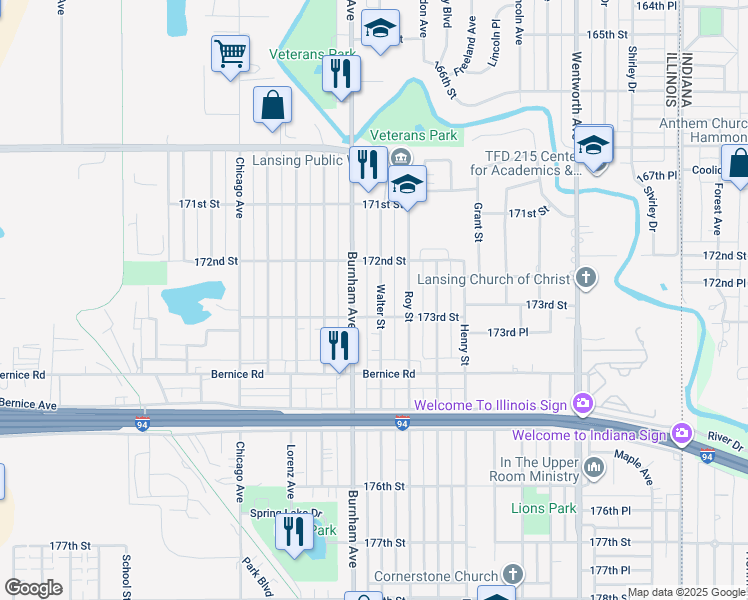 map of restaurants, bars, coffee shops, grocery stores, and more near 17240 Walter Street in Lansing