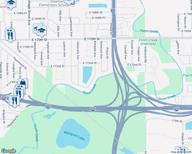 map of restaurants, bars, coffee shops, grocery stores, and more near 17255 Kimbark Avenue in South Holland