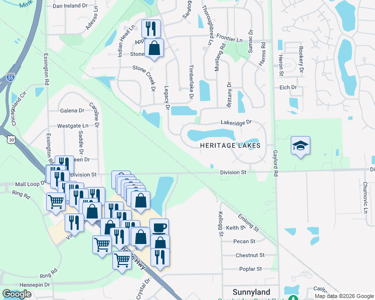 map of restaurants, bars, coffee shops, grocery stores, and more near 2620 Heritage Lake Drive in Lockport