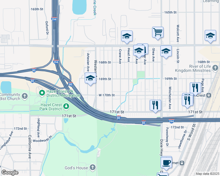 map of restaurants, bars, coffee shops, grocery stores, and more near 16965 Orchard Ridge Avenue in Hazel Crest