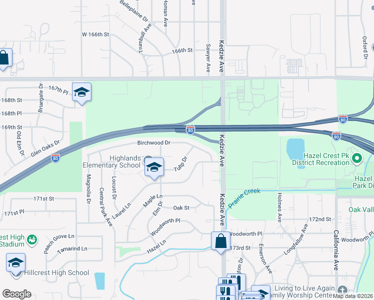 map of restaurants, bars, coffee shops, grocery stores, and more near 3300 Tulip Drive in Hazel Crest