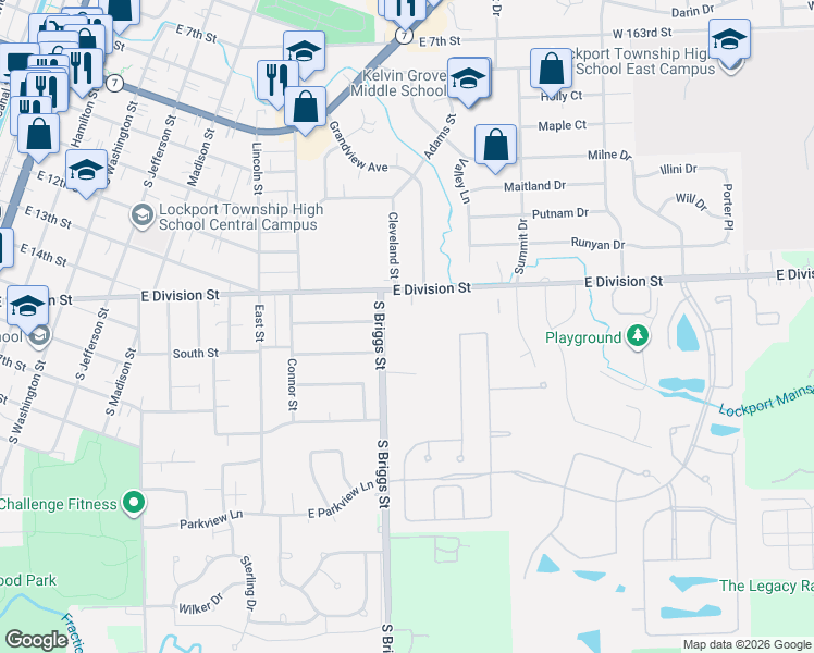map of restaurants, bars, coffee shops, grocery stores, and more near 227 Madison Street in Lockport