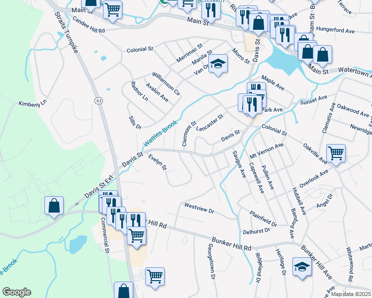map of restaurants, bars, coffee shops, grocery stores, and more near 416 Davis Street in Watertown