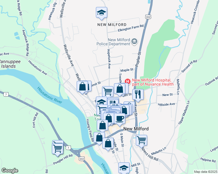 map of restaurants, bars, coffee shops, grocery stores, and more near 11 Aspetuck Avenue in New Milford