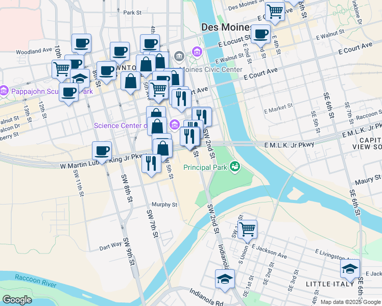 map of restaurants, bars, coffee shops, grocery stores, and more near 300 West Martin Luther King Junior Parkway in Des Moines