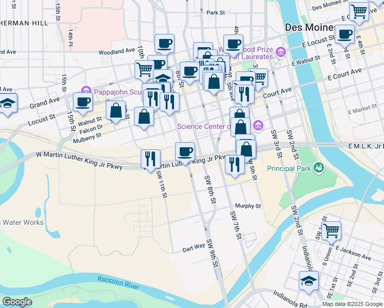 map of restaurants, bars, coffee shops, grocery stores, and more near 2 Southwest 9th Street in Des Moines