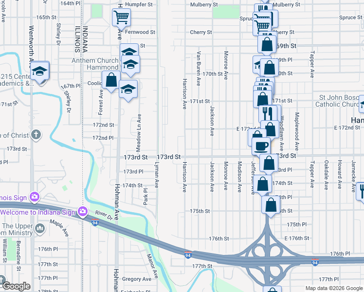 map of restaurants, bars, coffee shops, grocery stores, and more near 7234 Harrison Avenue in Hammond