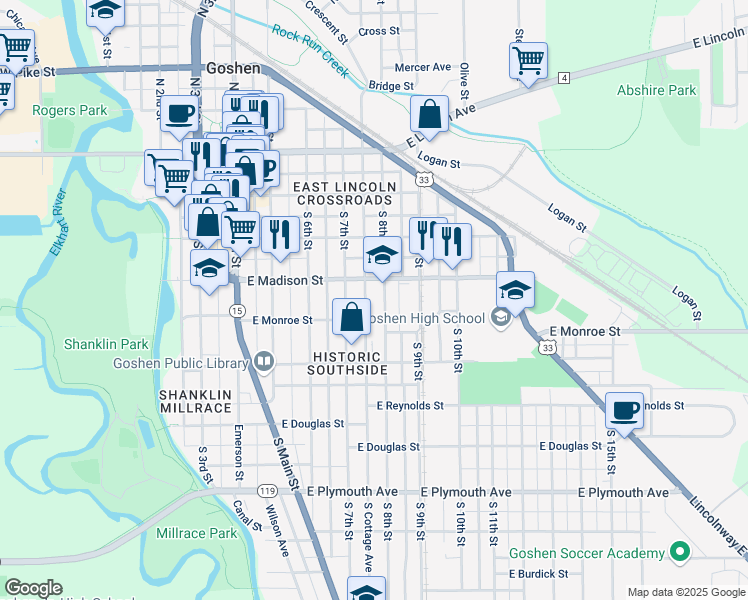 map of restaurants, bars, coffee shops, grocery stores, and more near 419 South 8th Street in Goshen