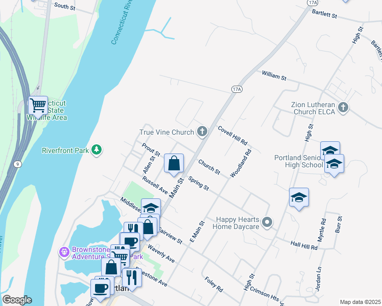 map of restaurants, bars, coffee shops, grocery stores, and more near 376 Main Street in Portland