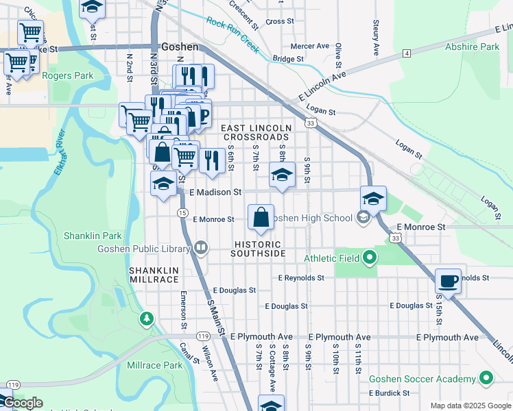 map of restaurants, bars, coffee shops, grocery stores, and more near 419 South 7th Street in Goshen