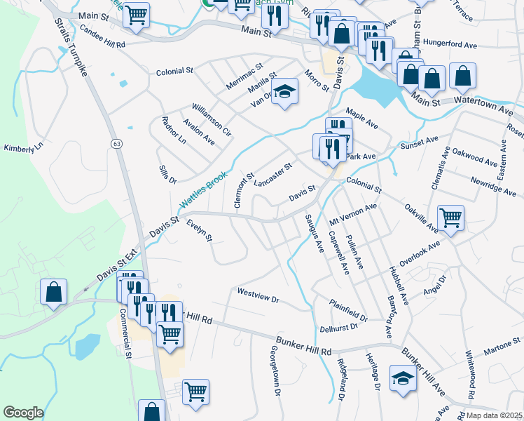 map of restaurants, bars, coffee shops, grocery stores, and more near 378 Davis Street in Watertown