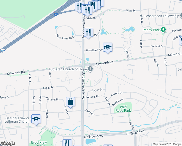 map of restaurants, bars, coffee shops, grocery stores, and more near 925 Jordan Creek Parkway in West Des Moines