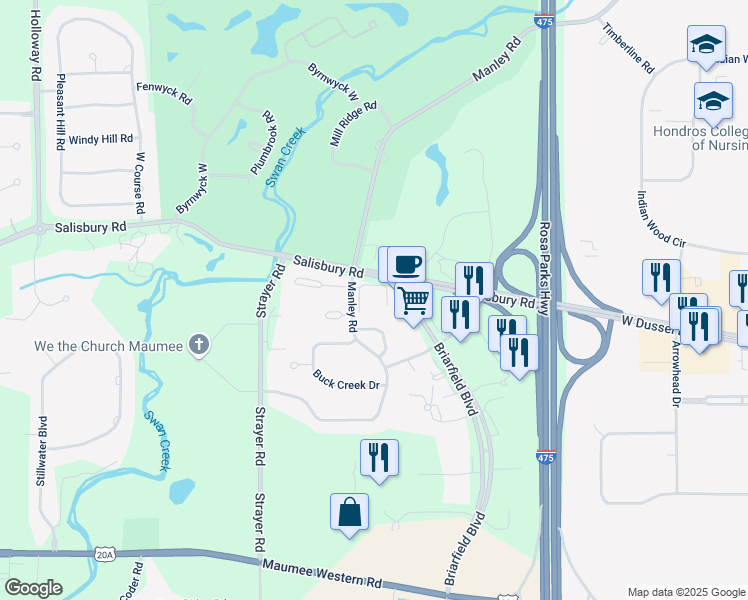 map of restaurants, bars, coffee shops, grocery stores, and more near 3231 Manley Road in Maumee