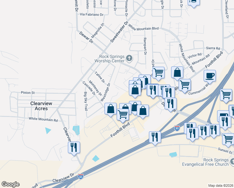 map of restaurants, bars, coffee shops, grocery stores, and more near 2475 Cascade Drive in Rock Springs