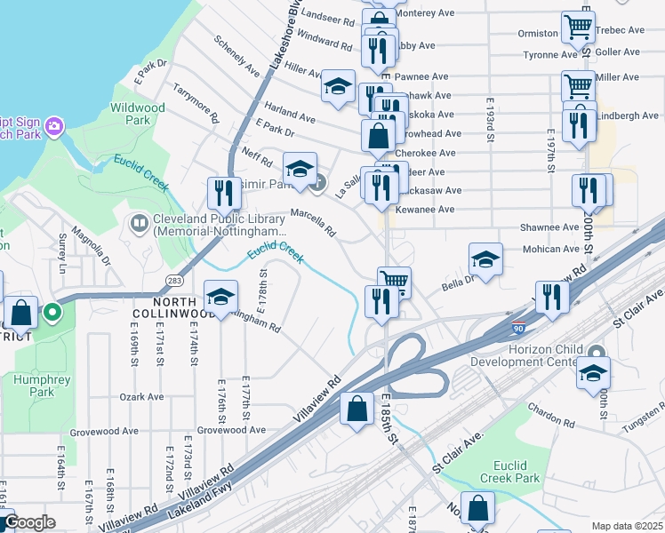 map of restaurants, bars, coffee shops, grocery stores, and more near 18320 Marcella Road in Cleveland