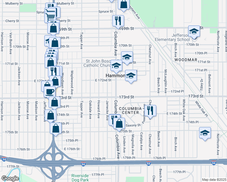 map of restaurants, bars, coffee shops, grocery stores, and more near 7232 Columbia Avenue in Hammond