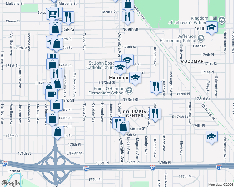 map of restaurants, bars, coffee shops, grocery stores, and more near 7235 Jarnecke Avenue in Hammond