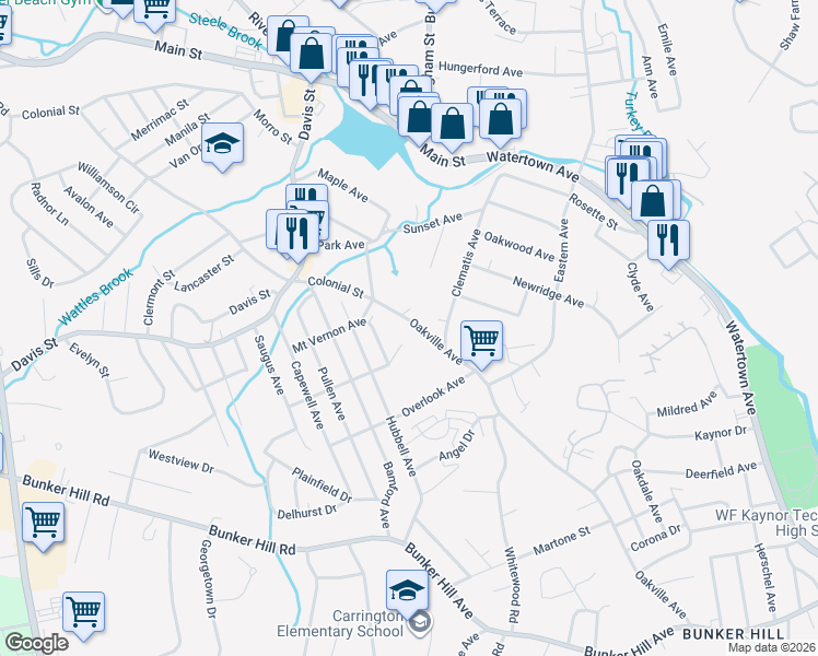 map of restaurants, bars, coffee shops, grocery stores, and more near 463 Oakville Avenue in Waterbury