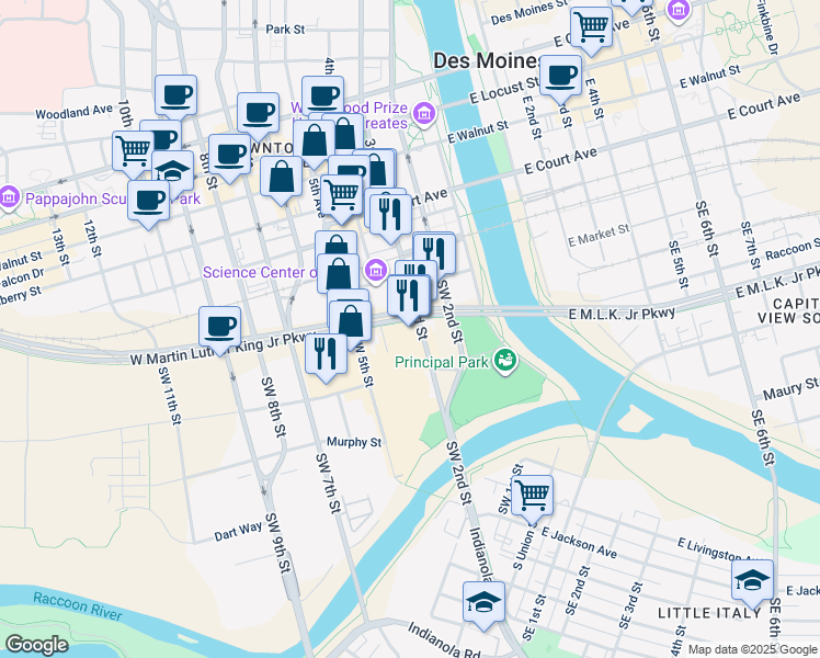 map of restaurants, bars, coffee shops, grocery stores, and more near 300 West Martin Luther King Junior Parkway in Des Moines