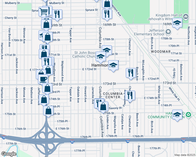 map of restaurants, bars, coffee shops, grocery stores, and more near 7232 Columbia Avenue in Hammond