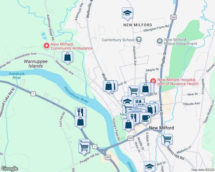 map of restaurants, bars, coffee shops, grocery stores, and more near 23 Wellsville Avenue in New Milford