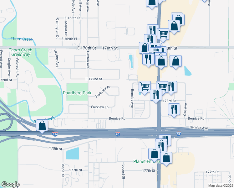 map of restaurants, bars, coffee shops, grocery stores, and more near 17273 Heritage Drive in South Holland