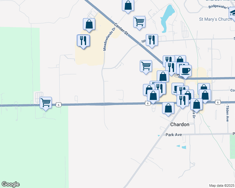 map of restaurants, bars, coffee shops, grocery stores, and more near 620 Water Street in Chardon