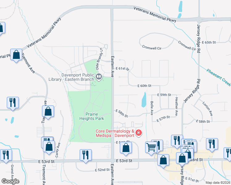 map of restaurants, bars, coffee shops, grocery stores, and more near 5749-5915 Eastern Avenue in Davenport