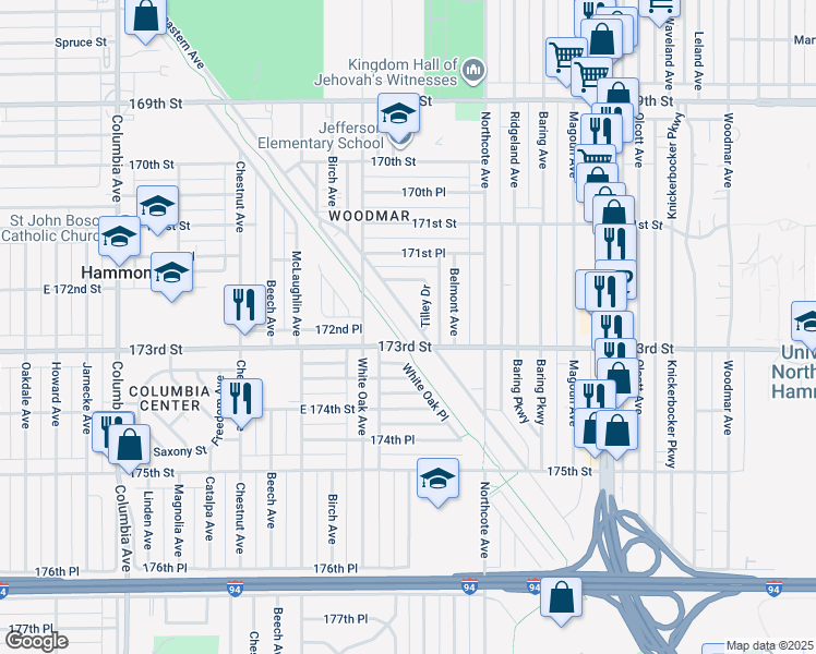 map of restaurants, bars, coffee shops, grocery stores, and more near 7240 Southeastern Avenue in Hammond