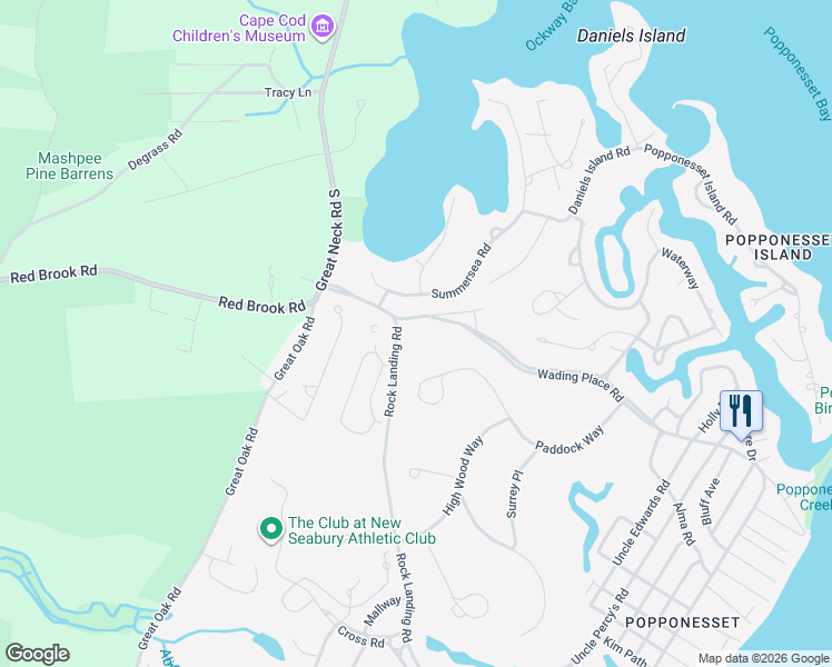 map of restaurants, bars, coffee shops, grocery stores, and more near 10 Rock Landing Road in Mashpee