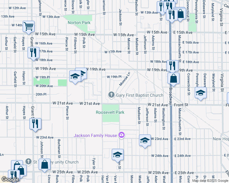 map of restaurants, bars, coffee shops, grocery stores, and more near 628 West 20th Place in Gary