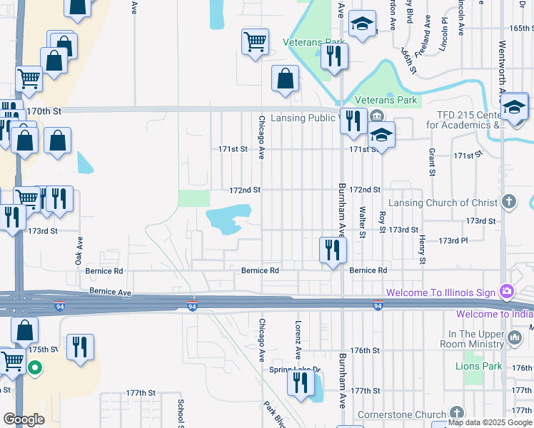 map of restaurants, bars, coffee shops, grocery stores, and more near 17237 Chicago Avenue in Lansing
