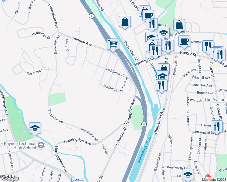 map of restaurants, bars, coffee shops, grocery stores, and more near 15 Suffolk Street in Waterbury
