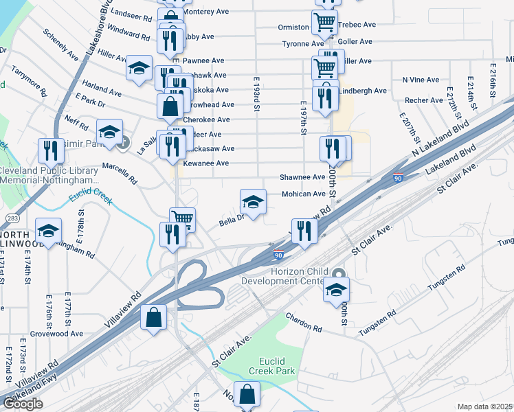 map of restaurants, bars, coffee shops, grocery stores, and more near 960 East 193rd Street in Cleveland