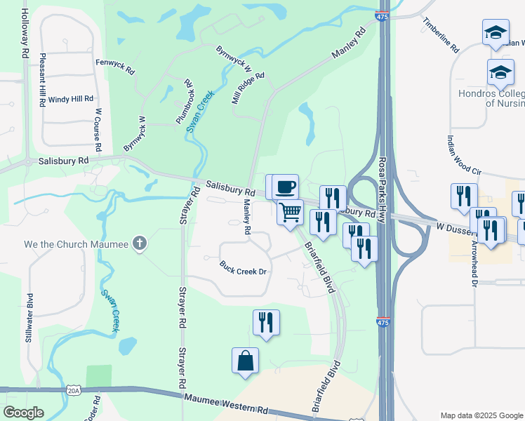 map of restaurants, bars, coffee shops, grocery stores, and more near 3231 Manley Road in Maumee