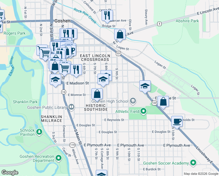 map of restaurants, bars, coffee shops, grocery stores, and more near 516 East Madison Street in Goshen