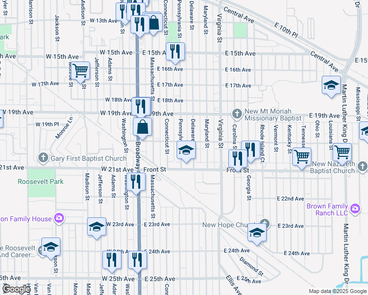map of restaurants, bars, coffee shops, grocery stores, and more near 2035 Pennsylvania Street in Gary
