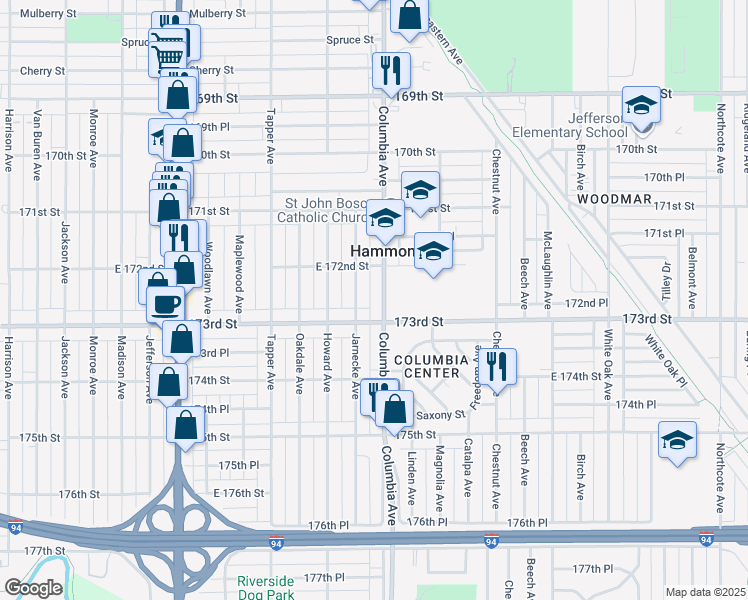 map of restaurants, bars, coffee shops, grocery stores, and more near 7235 Jarnecke Avenue in Hammond