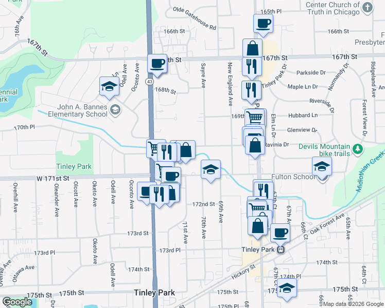 map of restaurants, bars, coffee shops, grocery stores, and more near 7051 170th Street in Tinley Park