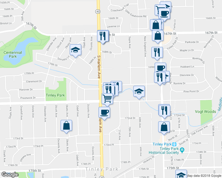 map of restaurants, bars, coffee shops, grocery stores, and more near 7121 170th Street in Tinley Park