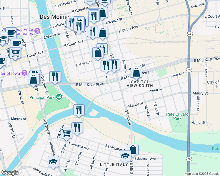 map of restaurants, bars, coffee shops, grocery stores, and more near 519 Southeast 4th Street in Des Moines