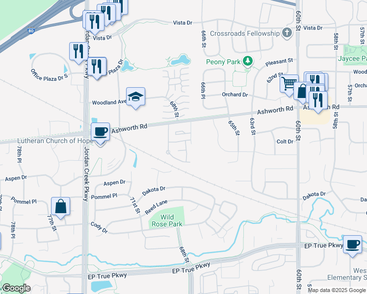 map of restaurants, bars, coffee shops, grocery stores, and more near 900 67th Street in West Des Moines